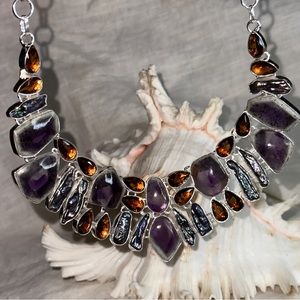 Beautiful Amethyst + Biwa Pearl + Whiskey Topaz statement cluster necklace